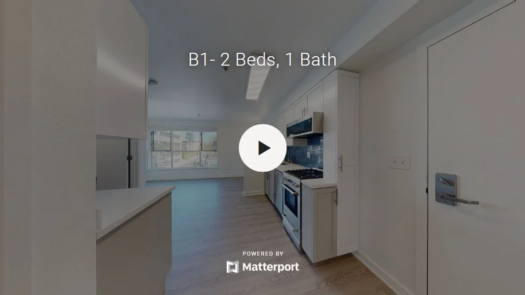 A modern kitchen in an apartment featuring stainless steel appliances, white cabinetry, and a spacious layout with natural light from large windows.