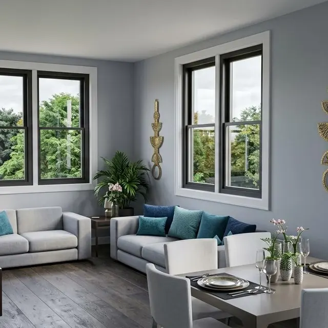A modern living and dining space featuring a light gray wall, large windows with leafy views, a comfortable seating area with two sofas and pillows, a dining table set for four, and decorative wall art.