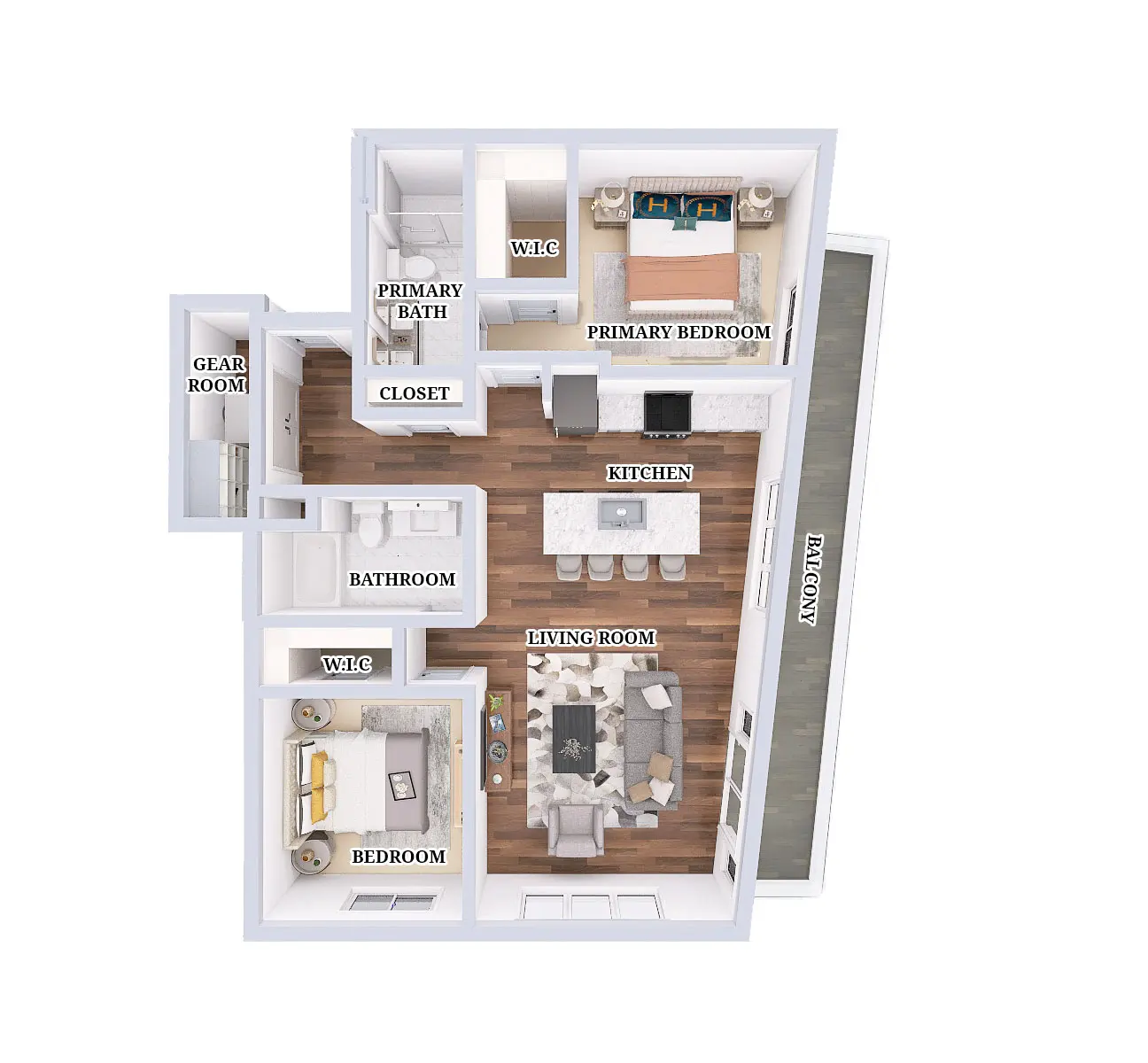 A top-down layout of a modern apartment featuring a living room, kitchen, bedroom, primary bedroom with bath, gear room, and balcony. The layout includes labeled rooms and a wooden floor design.