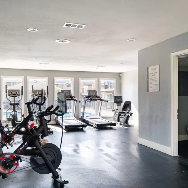 A bright gym interior featuring exercise bikes, treadmills, and elliptical machines, with a view of windows letting in natural light. There's a doorway to a restroom in the background.