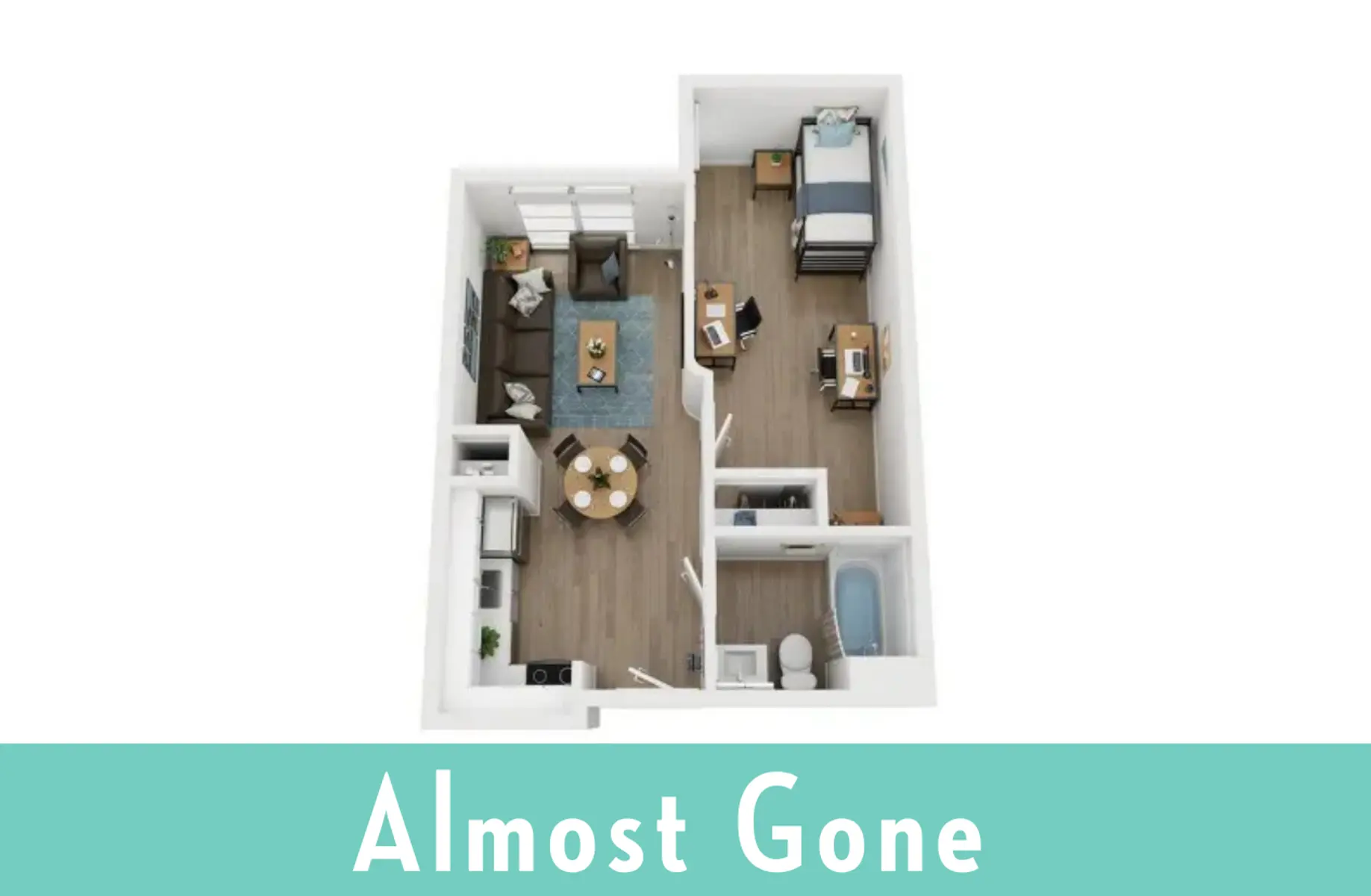 Almost Gone: Unique Apartment Layout A top-down view of a small apartment layout featuring a living area, a kitchen, a bedroom, and a bathroom.