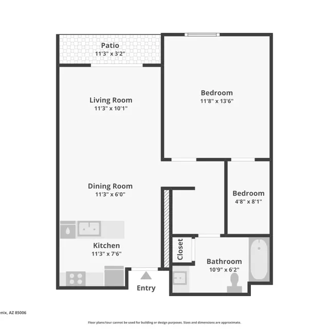 Two-Bedroom Apartment Floor Plan A floor plan layout of a two-bedroom apartment featuring a patio, living room, dining room, kitchen, bathroom, and closet. Measurements of each room are included.