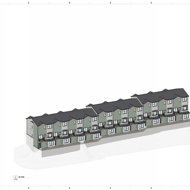 3D architectural rendering of a row of townhouses featuring multiple floors and gabled roofs.