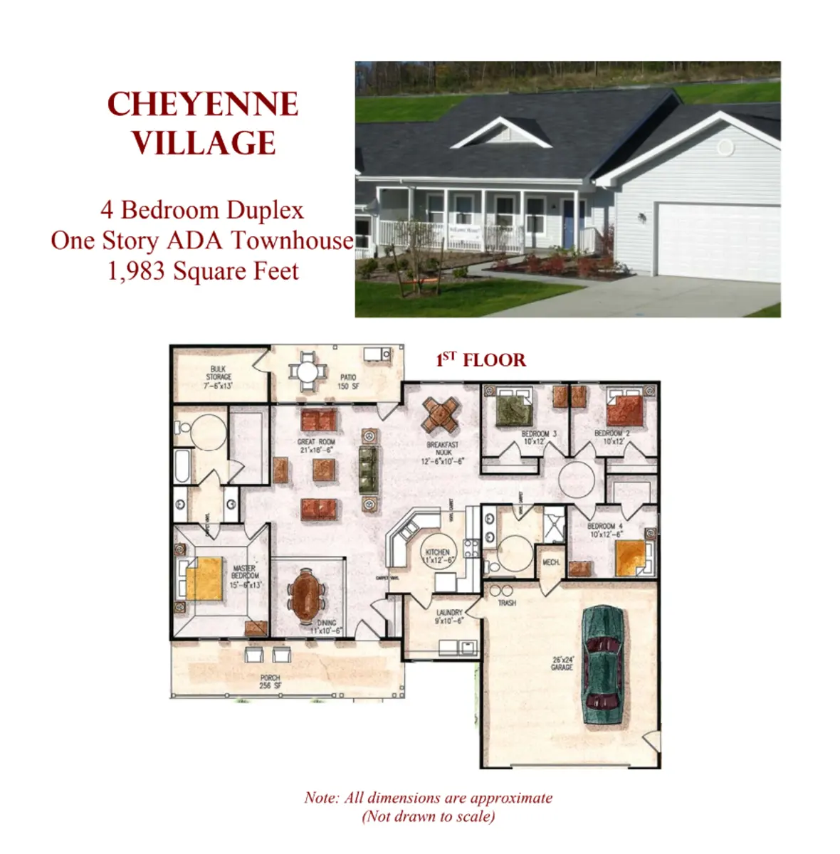 A promotional image for Cheyenne Village featuring a photo of a 4 bedroom duplex and a floor plan labeled 1st floor. The image includes dimensions and a note stating that dimensions are approximate and not drawn to scale.