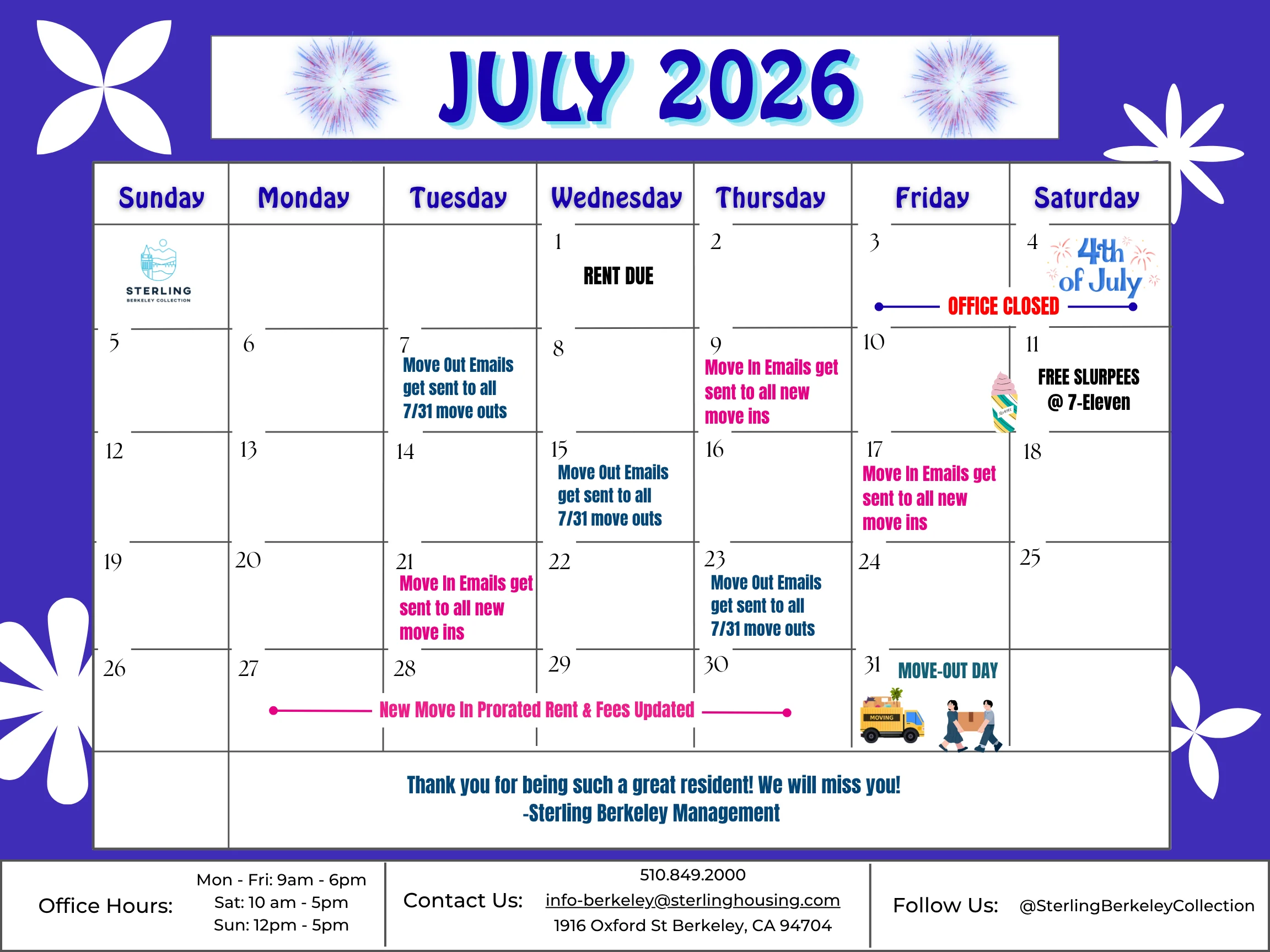 Calendar for July 2026 with important dates and events listed