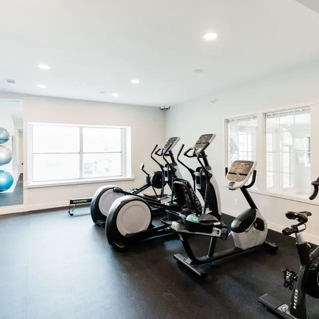 A bright, modern gym space featuring multiple exercise machines including ellipticals and stationary bikes, with fitness balls arranged in the background.