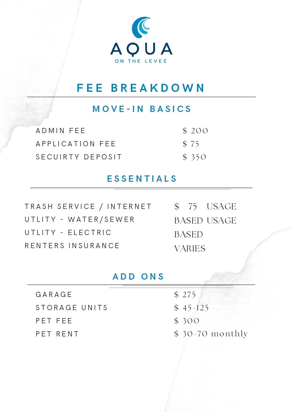 A fee breakdown for Aqua on the Levee listing move-in basics, essentials, and add-ons.