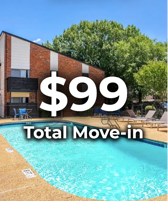 An inviting pool area with lounge chairs and trees in the background at an apartment community. The text '$99 Total Move-in' is prominently displayed in the foreground.