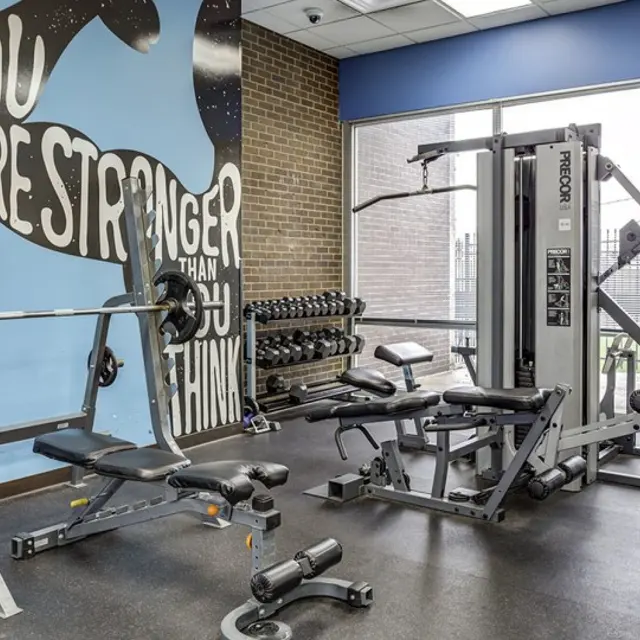 An interior view of a gym featuring weightlifting equipment and a motivational mural.