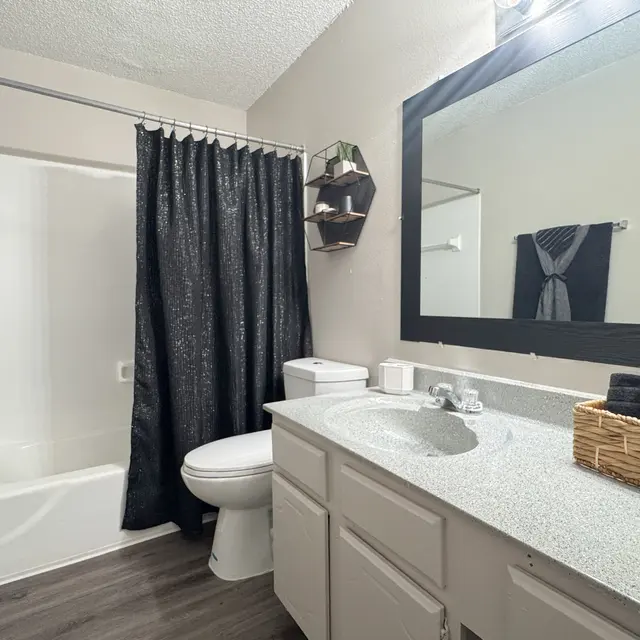 A modern bathroom featuring a bathtub with a shower curtain, a white toilet, a granite countertop with a sink, and decorative storage items.