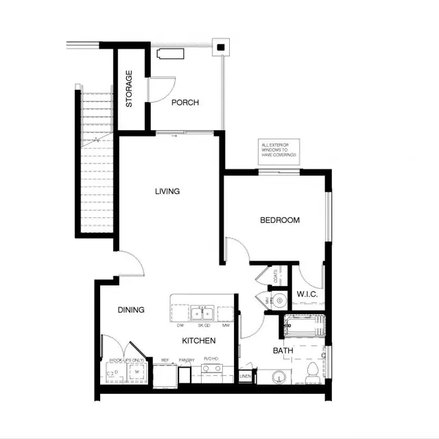 Residential Floor Plan A detailed floor plan of a residential unit featuring labeled spaces including a porch, living room, dining area, kitchen, bedroom, walk-in closet (W.C.), and bath. The layout shows a functional arrangement of spaces.