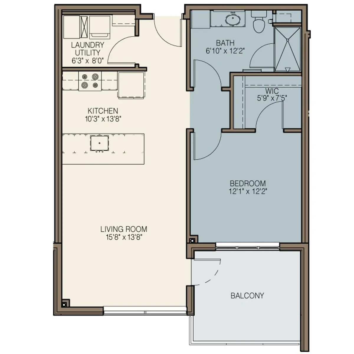 A floor plan of a one-bedroom apartment layout showing dimensions for each room including living room, kitchen, bedroom, bath, and balcony.