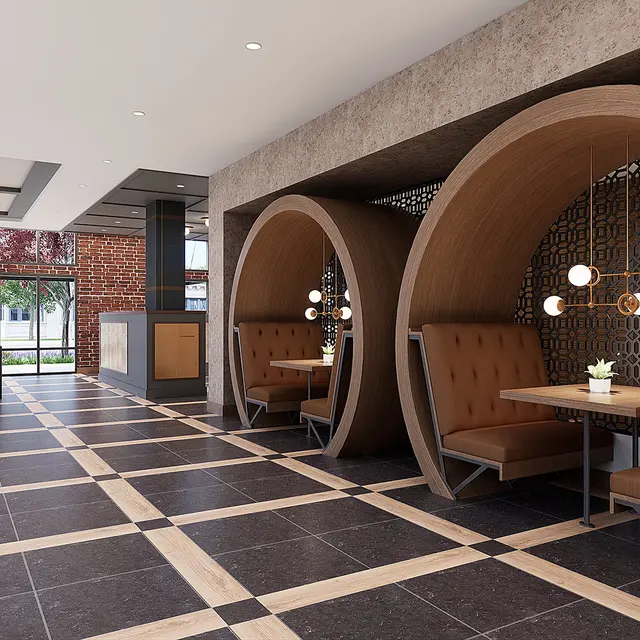 Interior view of a modern cafe with circular booths and stylish lighting