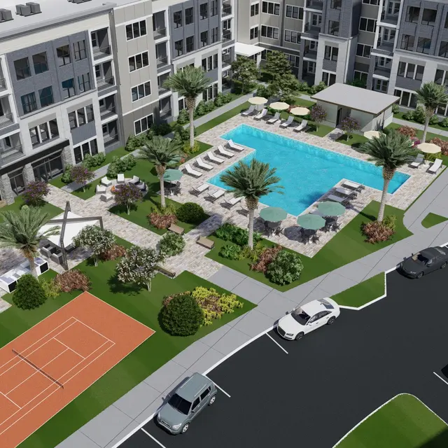 Aerial view of a modern apartment complex with a pool, tennis court, and landscaped gardens.