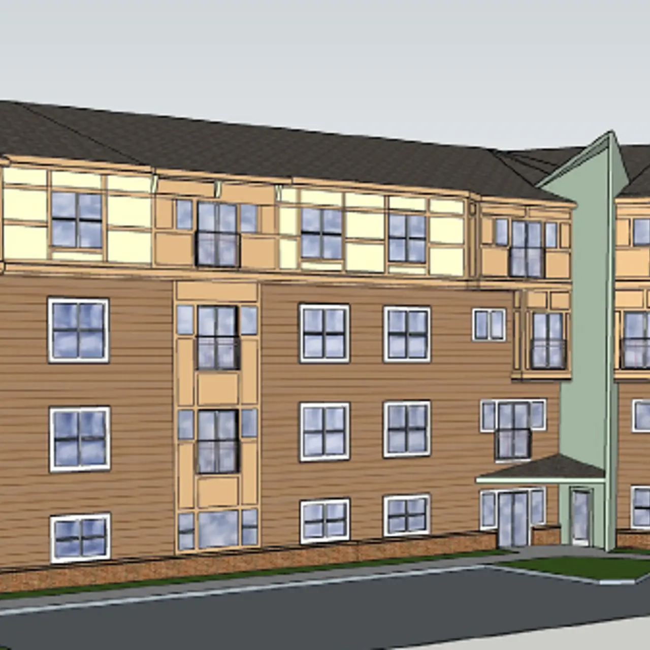 3D rendering of a residential apartment complex with multiple stories and a combination of brown wood siding and green accents.