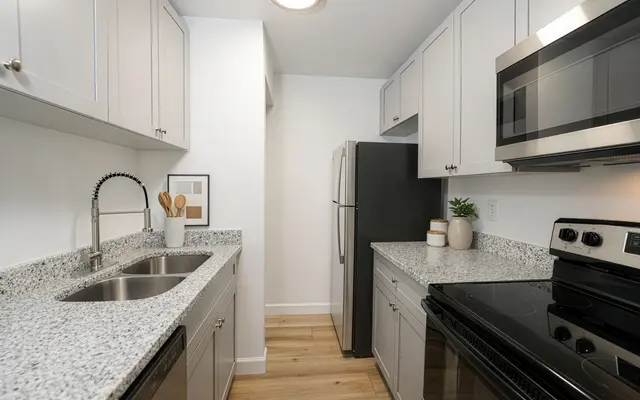 Modern Kitchen Design A modern kitchen featuring light cabinetry, a double sink, stainless steel appliances, and a grey granite countertop.