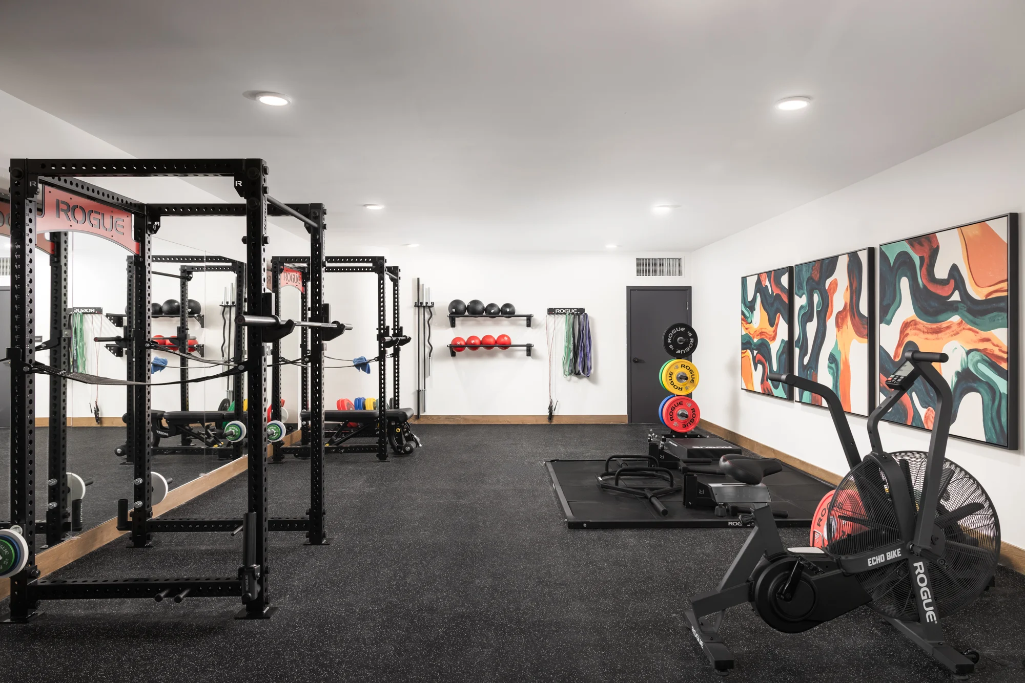 Community Gym Space A modern gym space featuring weightlifting racks, dumbbells, and exercise equipment with colorful wall art.