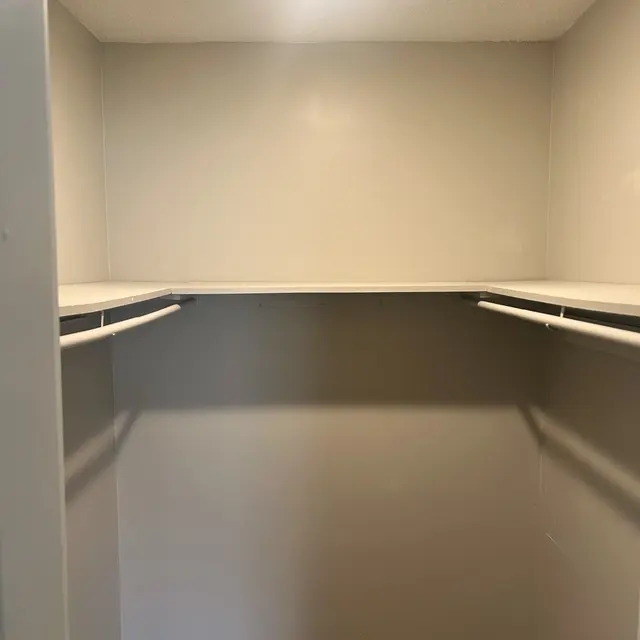 An empty closet with white walls, a ceiling light, and wooden flooring.
