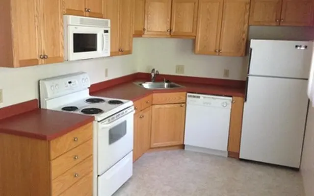 A kitchen with wooden cabinets and a red countertop featuring an oven, microwave, sink, dishwasher, and refrigerator.