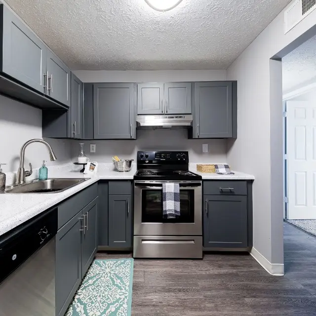Modern kitchen with gray cabinets, stainless steel appliances, a white countertop, and a patterned rug on the floor.