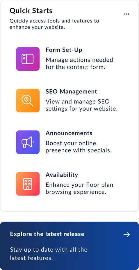 Quick Starts Dashboard Quick Starts dashboard with options for Form Set-Up, SEO Management, Announcements, and Availability.