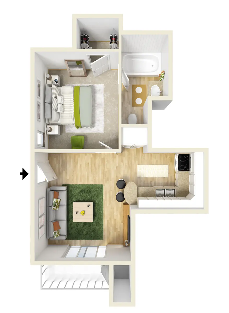 A top-down view of a modern apartment floor plan featuring a living room, kitchen, bathroom, and bedroom.