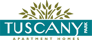 Logo of Tuscany Park Apartment Homes featuring stylized leaves and the name in bold letters.