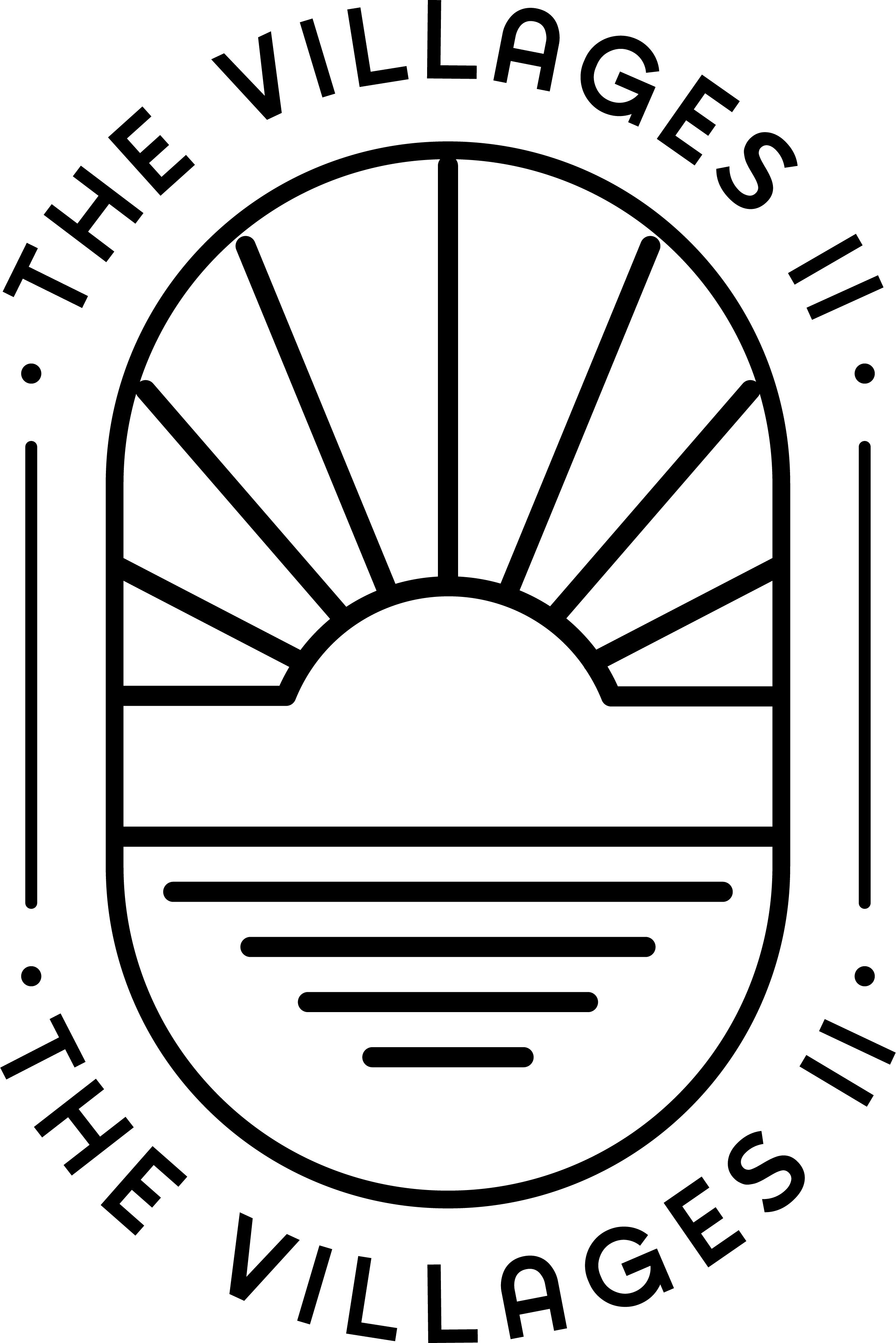 Logo for The Villages II featuring a sun design in an oval shape with lines representing rays and water.