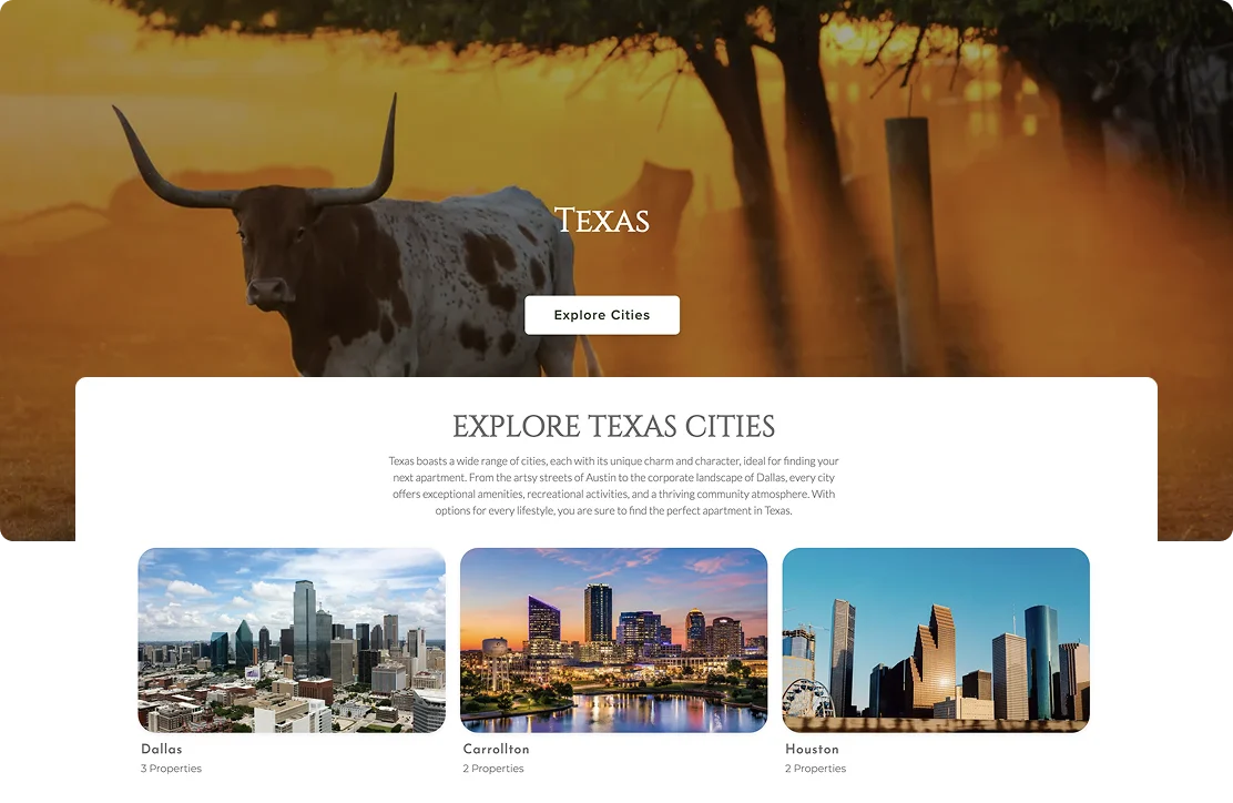 Explore Texas Cities A webpage showcasing Texas cities with a background image of a longhorn steer and a sunset. There are three city sections: Dallas, Carellton, and Houston, each with thumbnails and property counts.