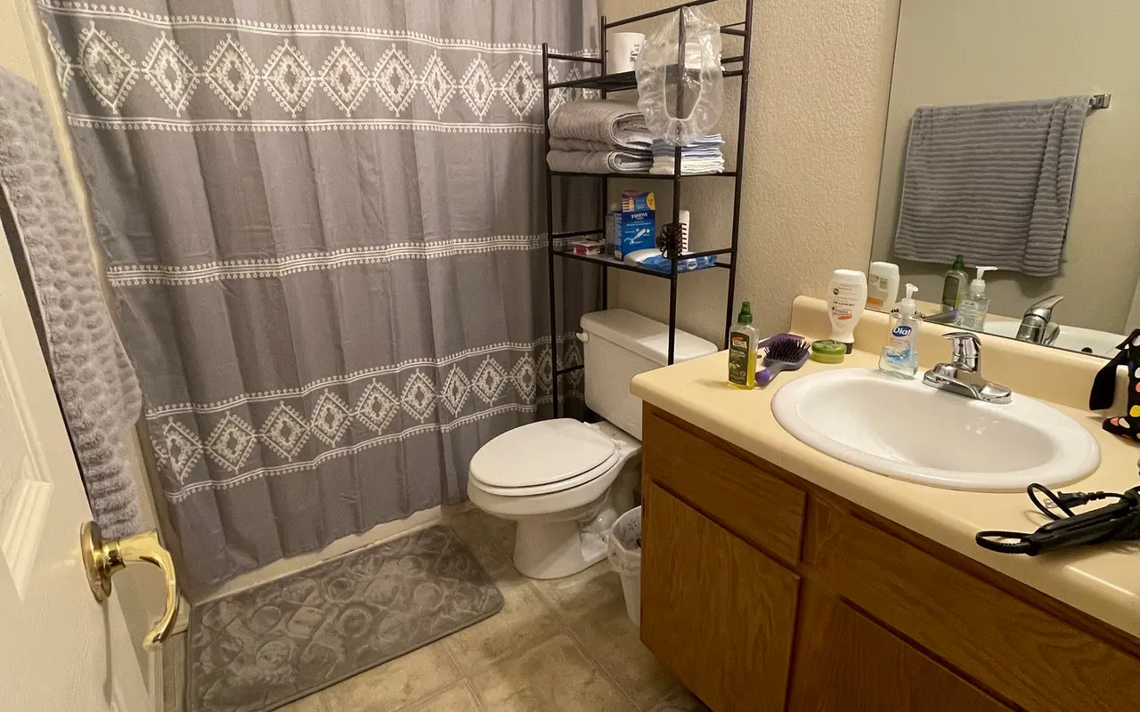 A clean bathroom featuring a shower curtain with a geometric design, a sink with a mirror above it, and a shelf containing toiletries. The floor has light-colored tiles and there are bath mats in front of the sink and toilet.