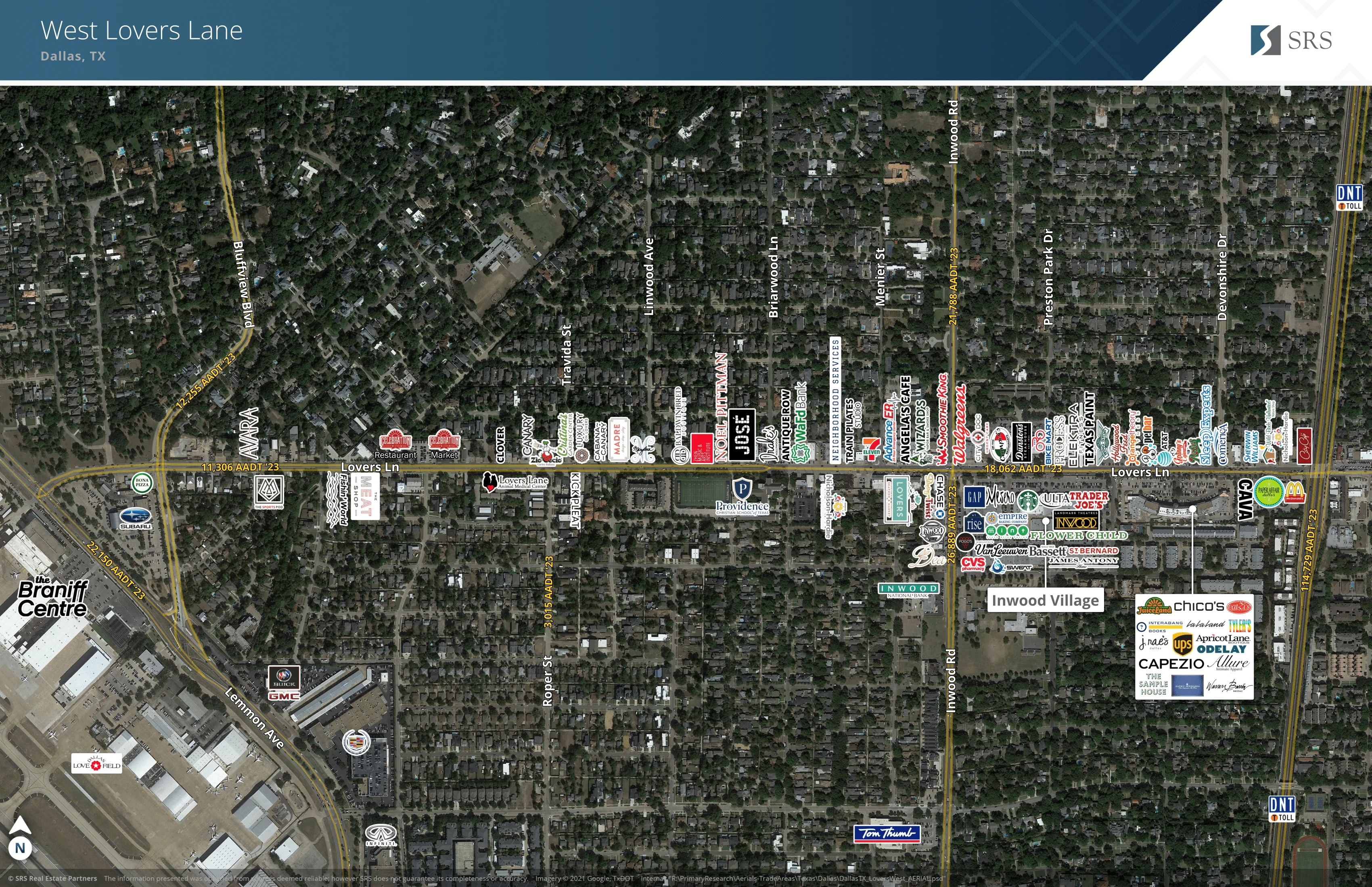 Map of West Lovers Lane, Dallas, TX Aerial view map of West Lovers Lane in Dallas, TX, featuring various businesses and landmarks along the street.