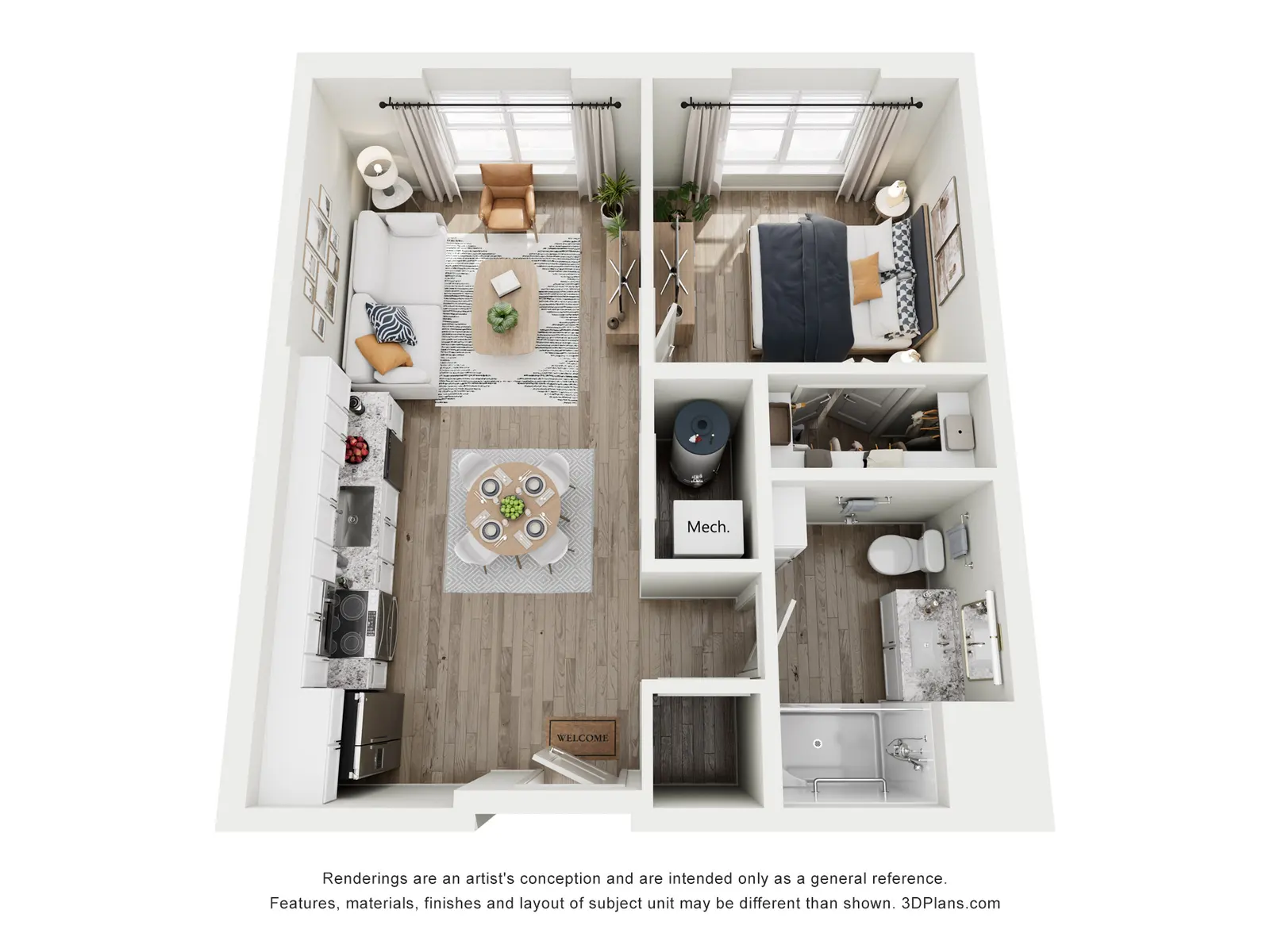 Top-down view of a small apartment layout featuring a living area, dining space, bedroom, kitchen, and bathroom.