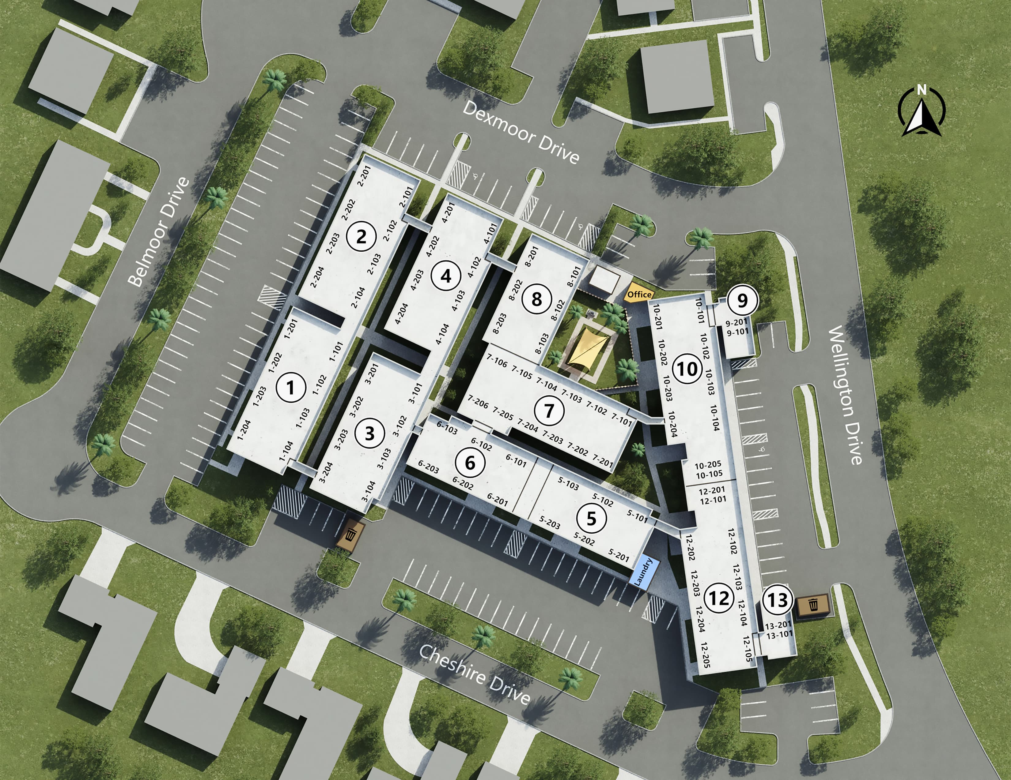 Aerial Layout of Apartment Complex Aerial view of an apartment complex layout including numbered units and surrounding landscaping.