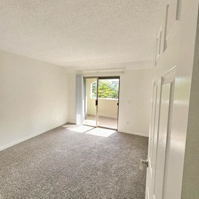 Spacious empty room with carpeted floor and sliding glass doors leading to a balcony.