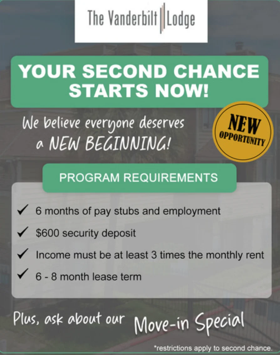 Promotional flyer for The Vanderbilt Lodge offering a second chance rental program, listing program requirements and a move-in special.