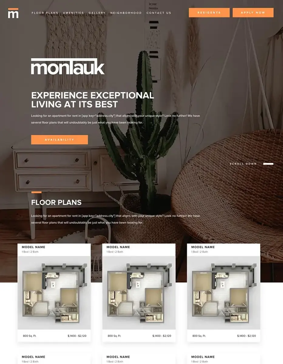 A webpage promoting an apartment complex called Monlauk, featuring a modern interior design and images of floor plans.