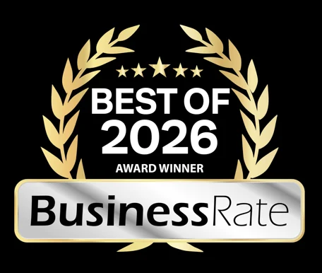 Award logo featuring laurel leaves and the text 'Best of 2026 Award Winner BusinessRate'