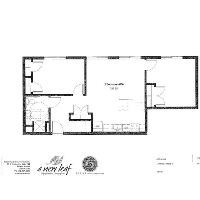 2-Bedroom ADA Apartment Floor Plan Floor plan of a 2-bedroom ADA compliant apartment layout including living areas, kitchen, and two bedrooms.