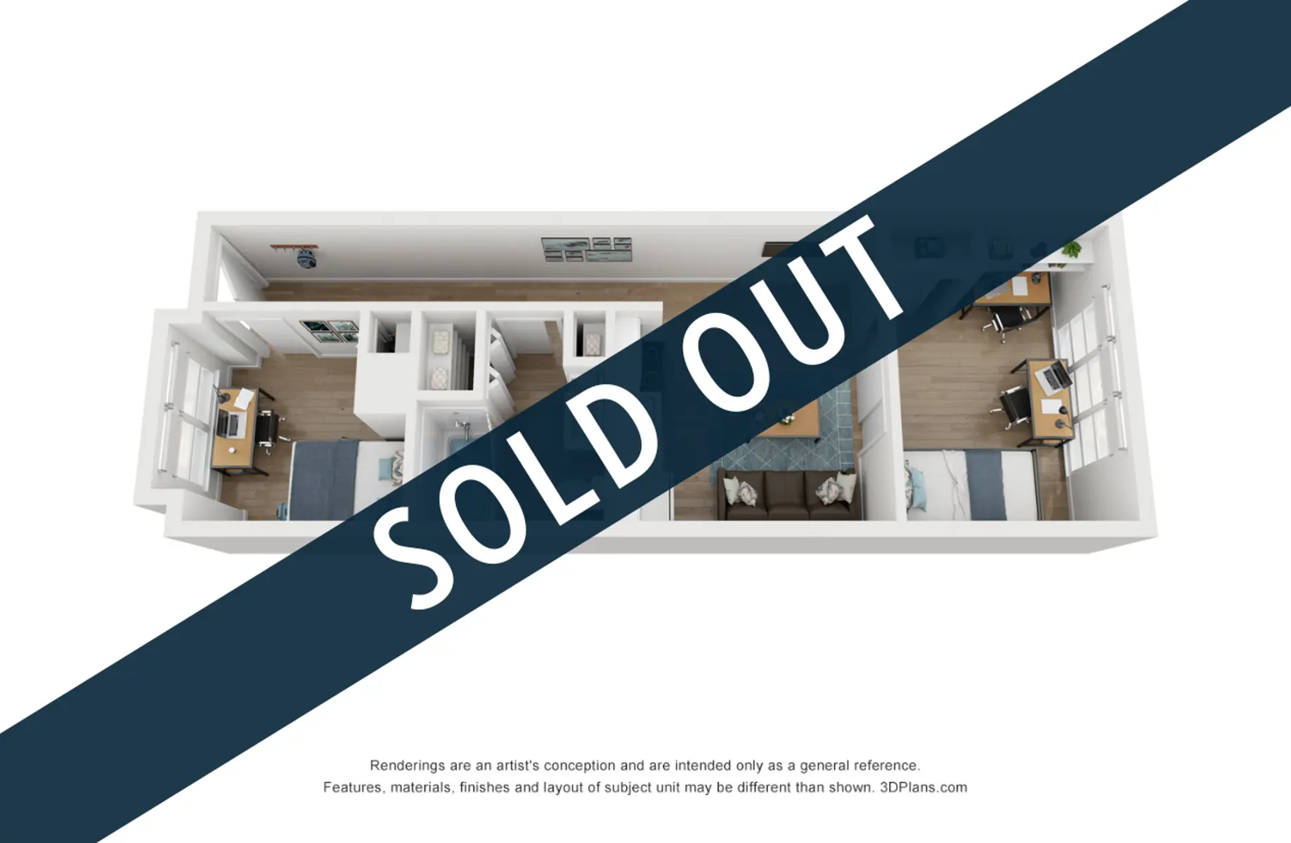 A bird's-eye view floor plan of a multi-room apartment with a 'SOLD OUT' overlay.