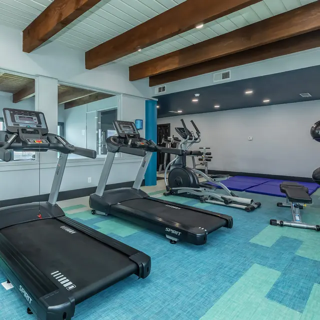 A modern gym interior featuring two treadmills, an elliptical machine, and exercise equipment. The floor is decorated with a colorful carpet, and there are large windows allowing natural light to fill the space.