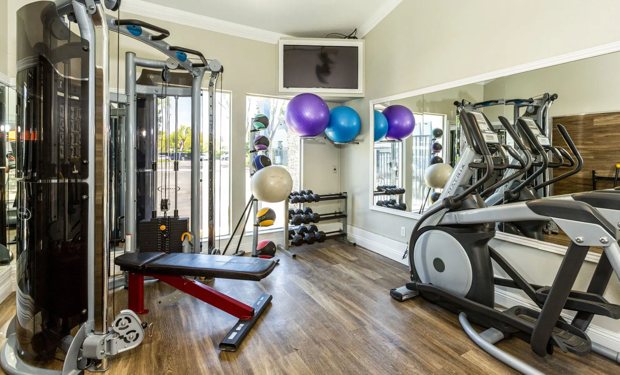 A gym interior featuring various exercise equipment including a cable machine, an elliptical, and dumbbells. Balloons are displayed on one wall, and a TV is mounted above.