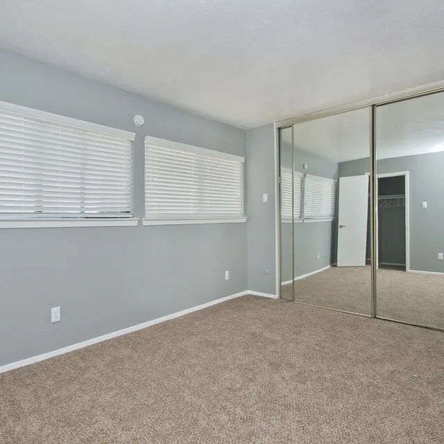 Empty bedroom featuring beige carpet, gray walls, and mirrored closet doors along one side. There are white window blinds and a door visible.