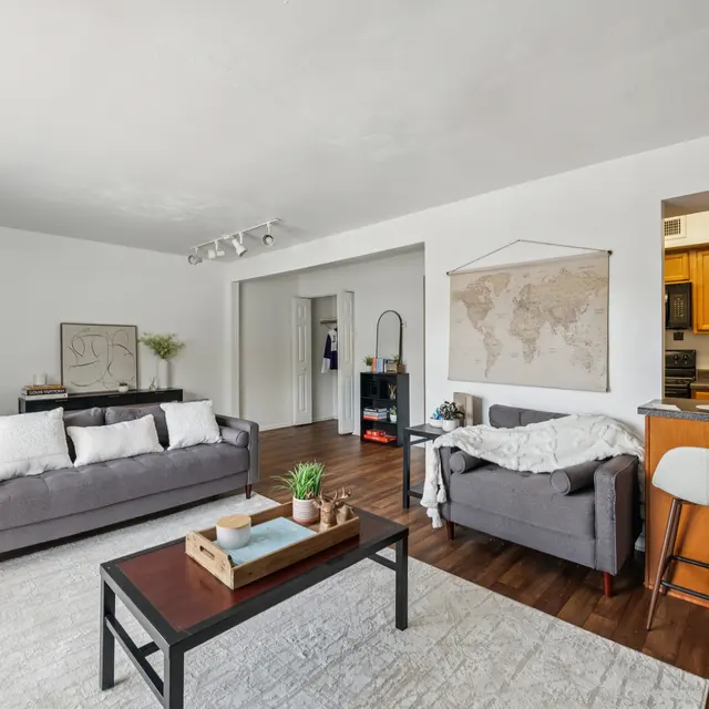Cozy Modern Living Room Cozy modern living room featuring two gray sofas, a coffee table with decorative items, a world map on the wall, and an open kitchen area in the background.