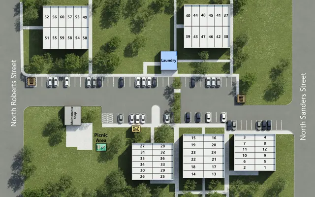A layout map of an apartment complex featuring labeled building units, parking areas, a laundry facility, and a picnic area, with surrounding street names.