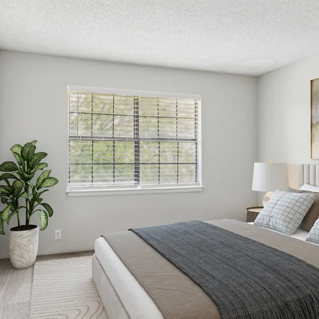 The Easton A modern bedroom featuring a neatly made bed with gray and beige bedding, a decorative throw blanket, and two pillows. To the side, there's a small bedside table with a lamp. A large window allows natural light to brighten the space, complemented by a leafy green plant in a pot. The walls are painted white, giving a bright and airy feeling. The flooring is light-colored, enhancing the minimalist aesthetic.