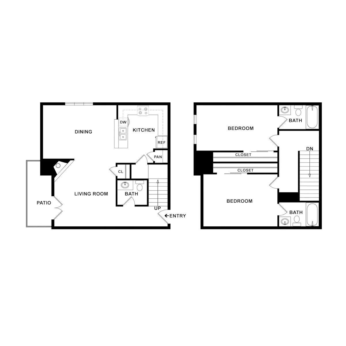 Two-Story Home Floor Plan A two-story floor plan layout showing the arrangement of rooms. The first floor includes a dining area, living room, kitchen with pantry, bath, and patio. The second floor features two bedrooms, each with a closet, and baths adjacent to them.
