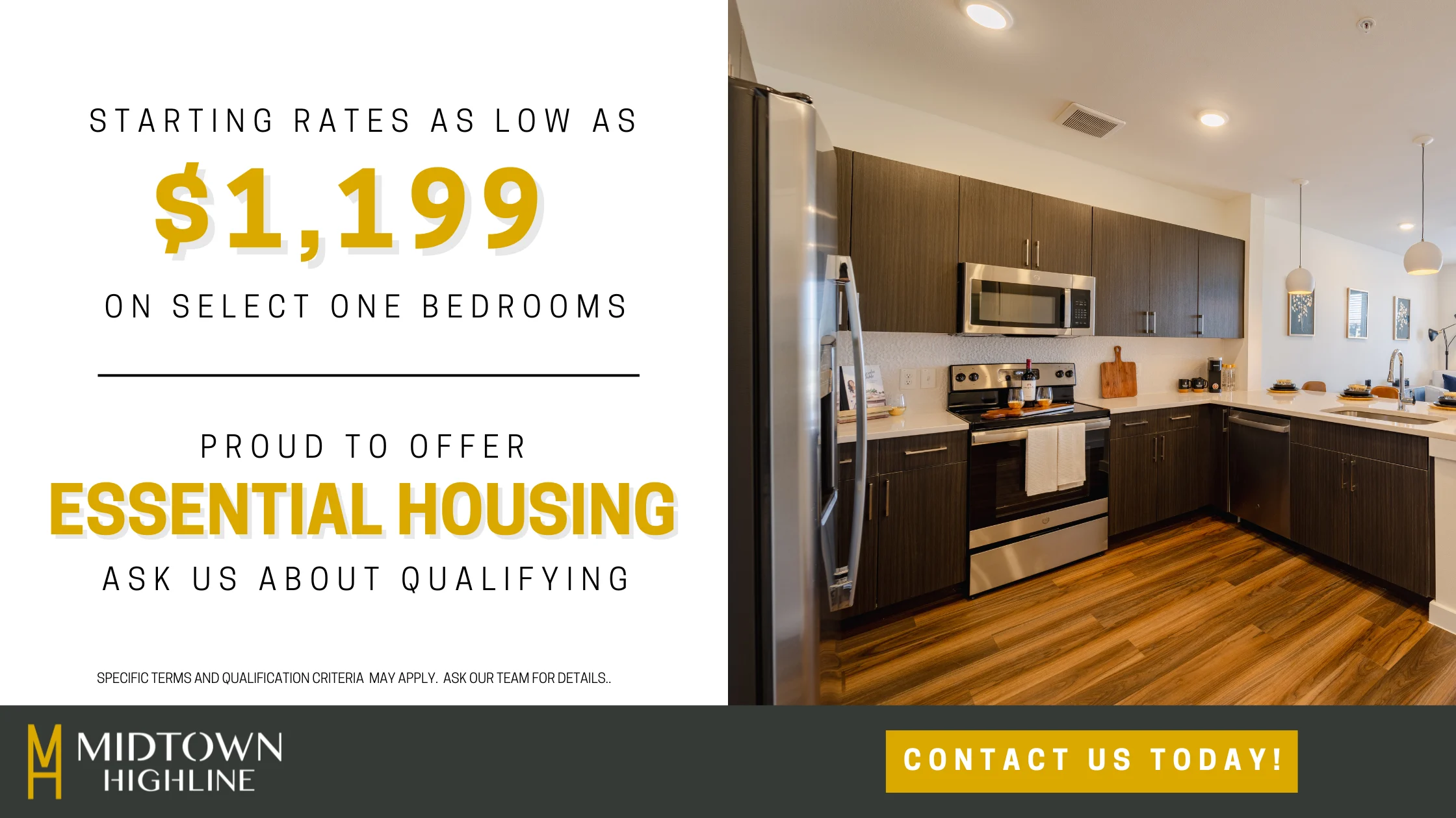 Midtown Highline Essential Housing Promotion Promotional advertisement for Midtown Highline featuring modern kitchen and living space with starting rental rates.