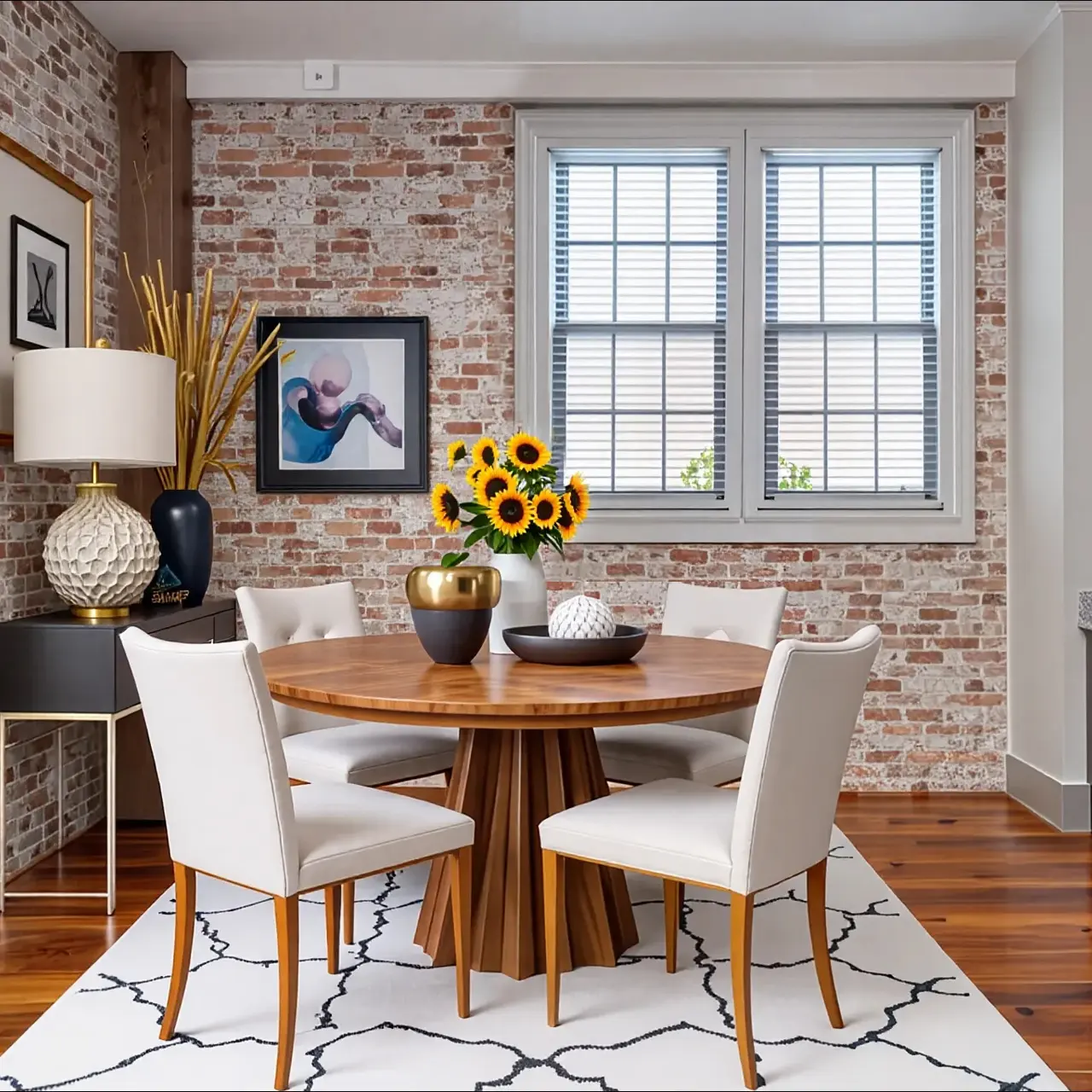 A modern dining area featuring a round wooden table surrounded by white chairs. Sunflowers in a vase sit in the center of the table. The walls have exposed brick, and large windows allow natural light to enter. A stylish lamp and a framed artwork adorn the space, which has a rug with a geometric pattern.