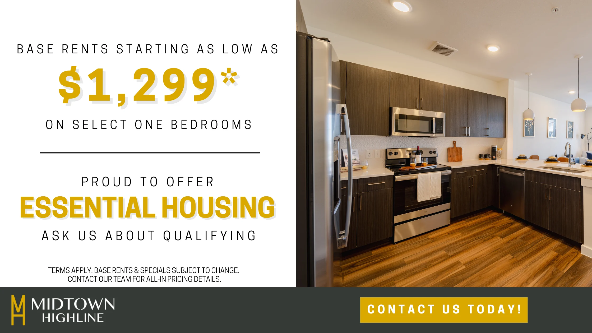 Midtown Highline Apartment Promotions A promotional image for Midtown Highline advertising one-bedroom apartments starting at $1,299. The image features a modern kitchen and living area, showcasing contemporary appliances and wood flooring.