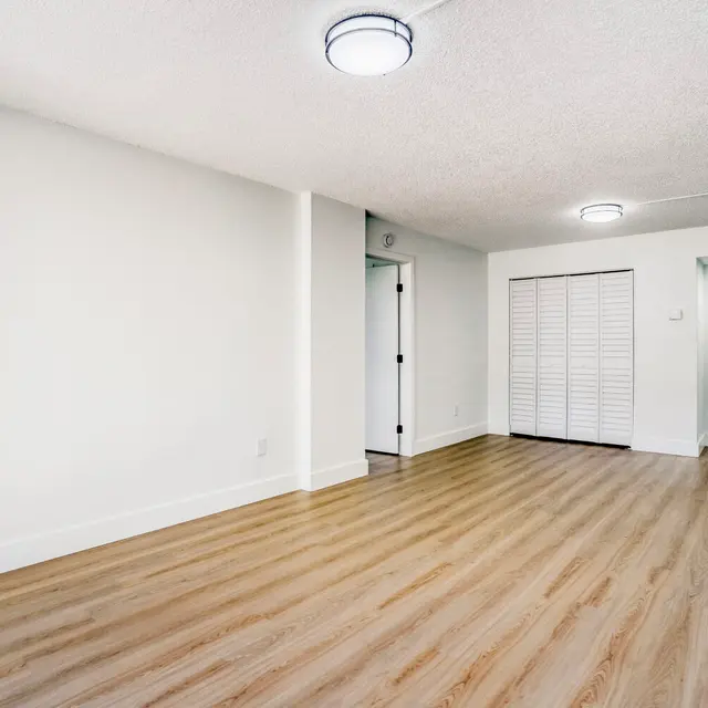 Empty Living Room in Apartment An empty living room with light wood flooring, white walls, and two circular ceiling lights. A door is visible on the right, and there are sliding closet doors on the left.